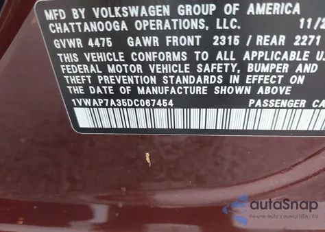 2013 Volkswagen Passat 2.5L S z USA, uszkodzony, nr VIN 1VWAP7A35DC067454